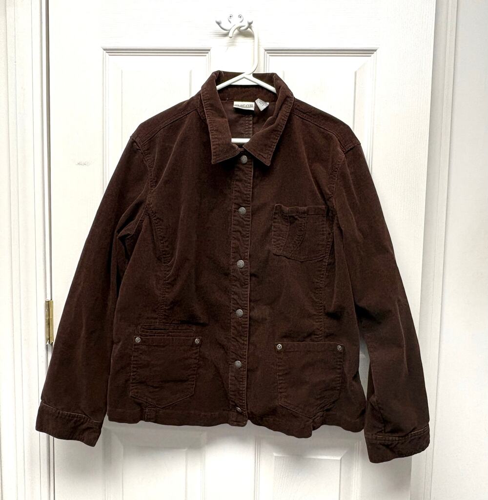 Chico’s Jacket Brown Corduroy Barn Coat Women’s XL Cotton Button Front Utility